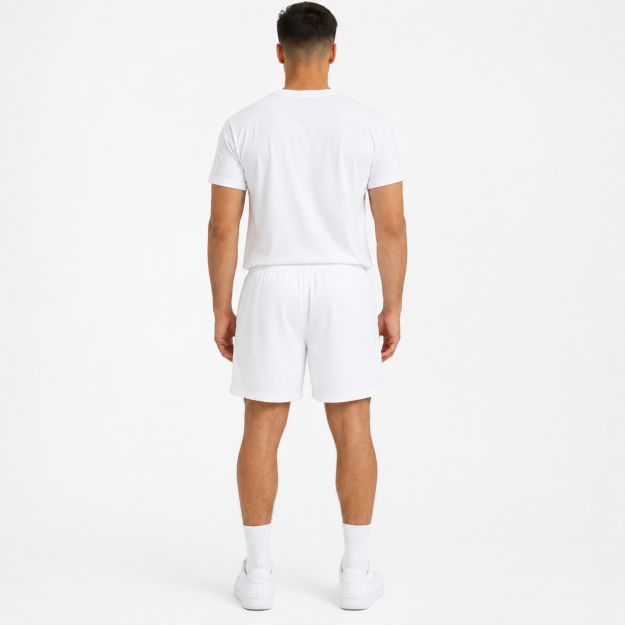 White Blue Devil mesh shorts - back angle view