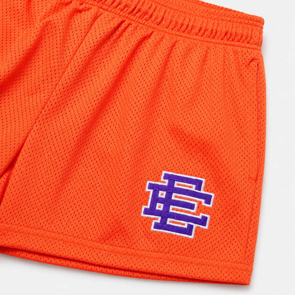 Neon Orange mesh shorts - detail view