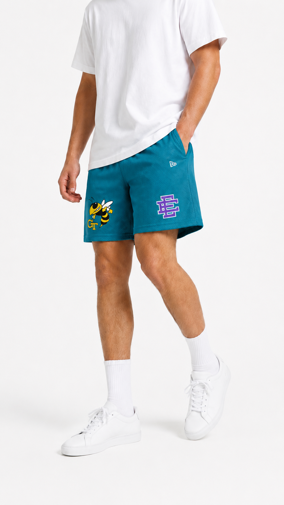 Teal Yellow Jacket mesh shorts - front angle view