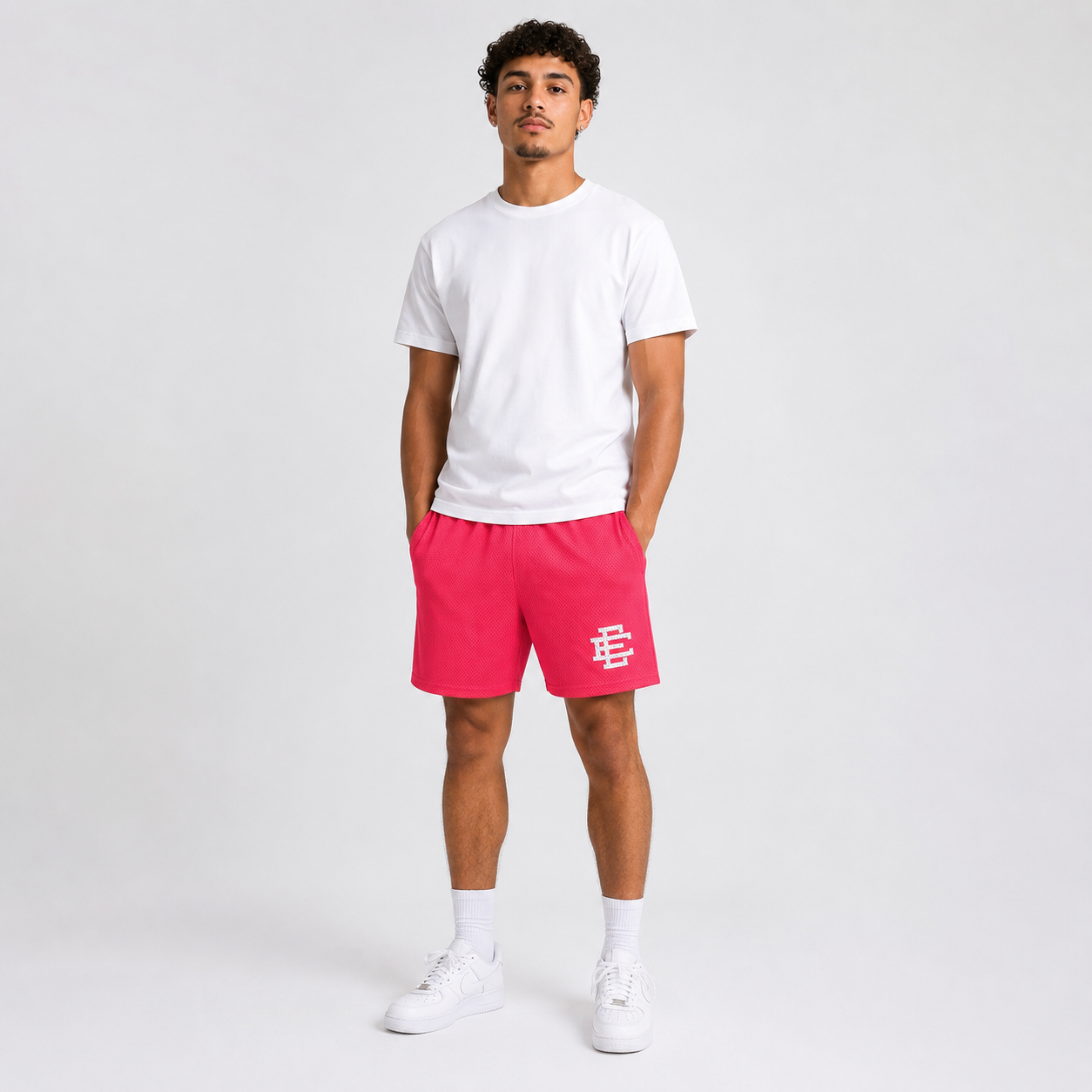 Hot Pink mesh shorts - front angle view