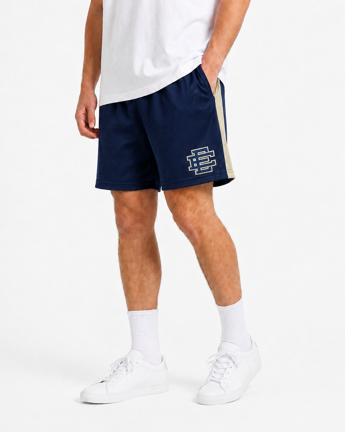 Navy Gold Side Stripe mesh shorts - front angle view