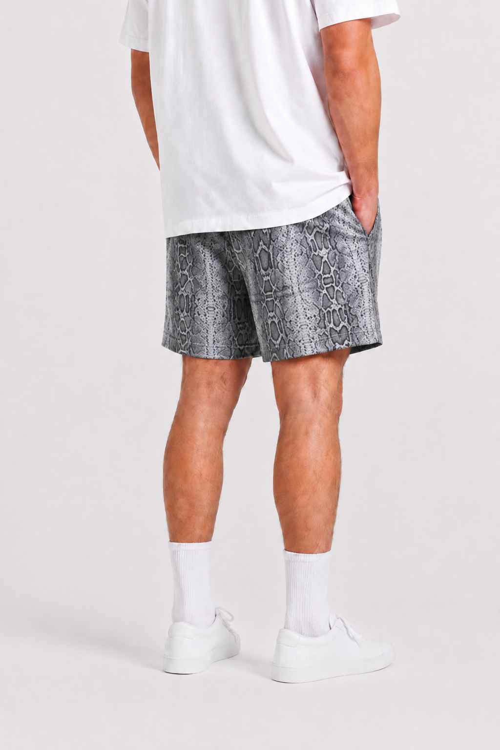 Silver Snakeskin mesh shorts - lifestyle view