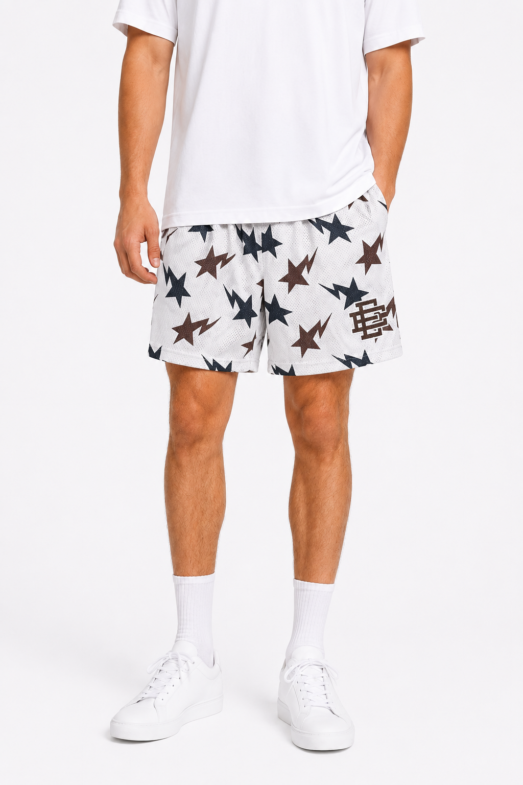 White Starfield mesh shorts - front angle view