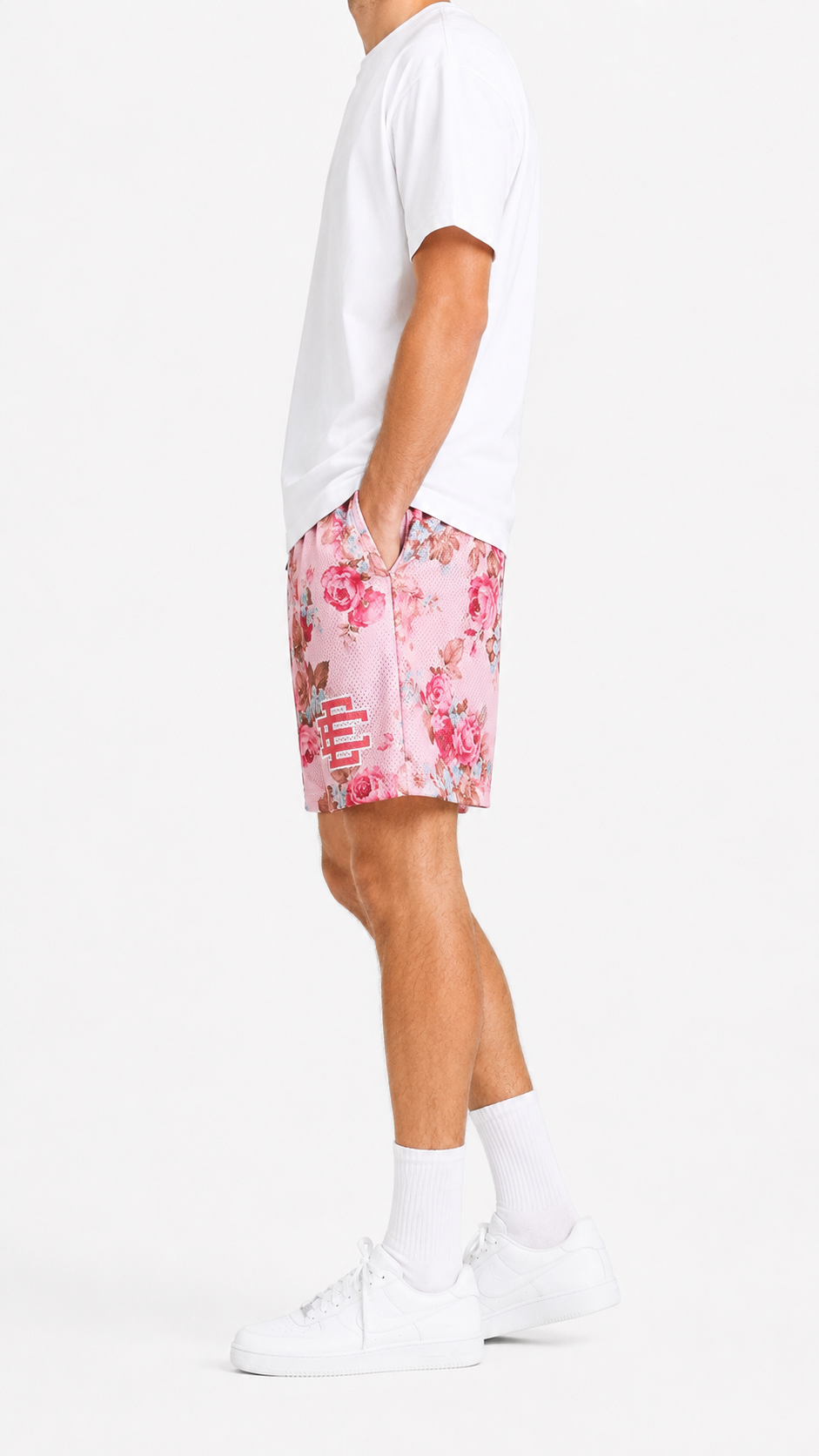 Pink Rose Garden mesh shorts - side view