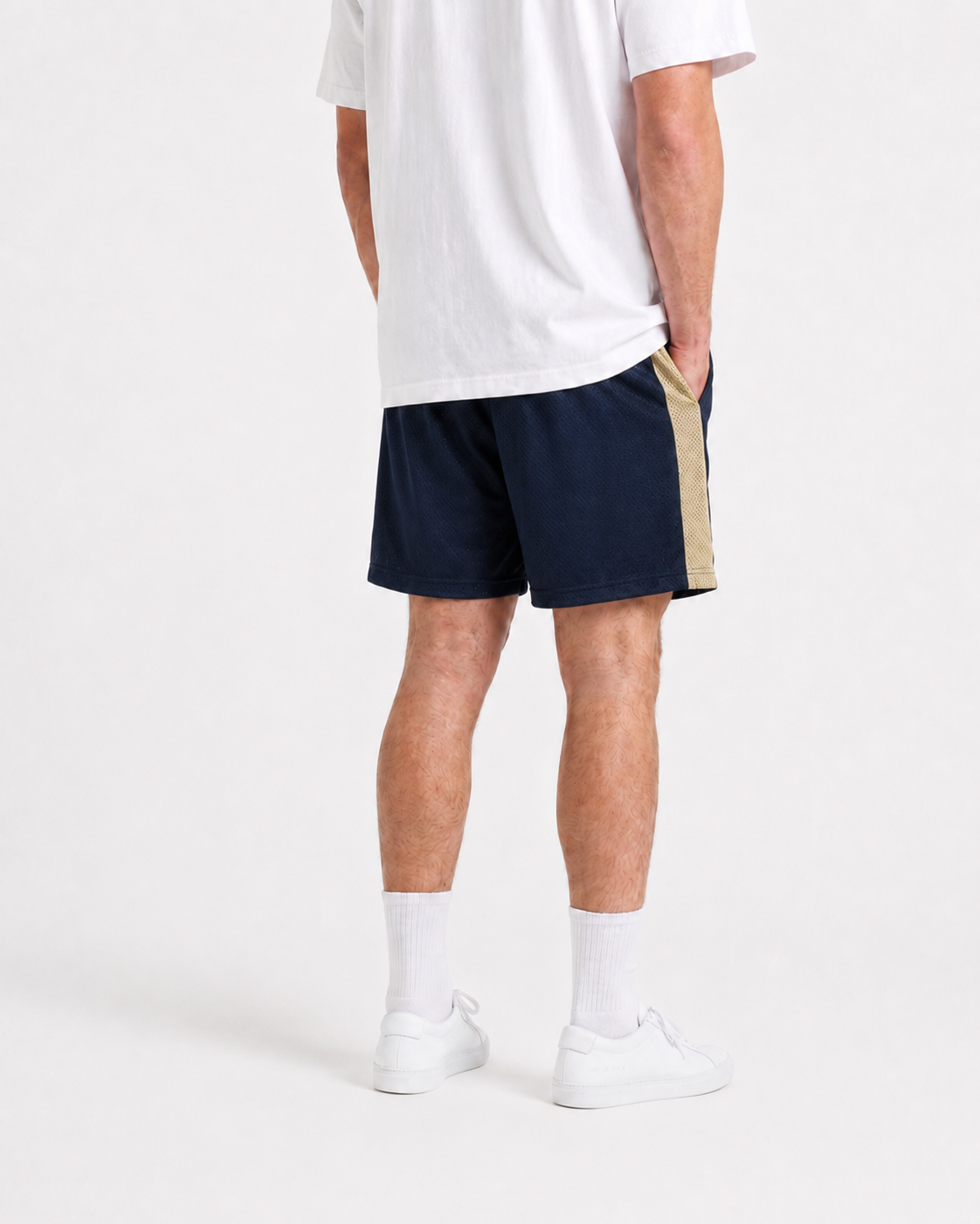 Navy Gold Side Stripe mesh shorts - lifestyle view
