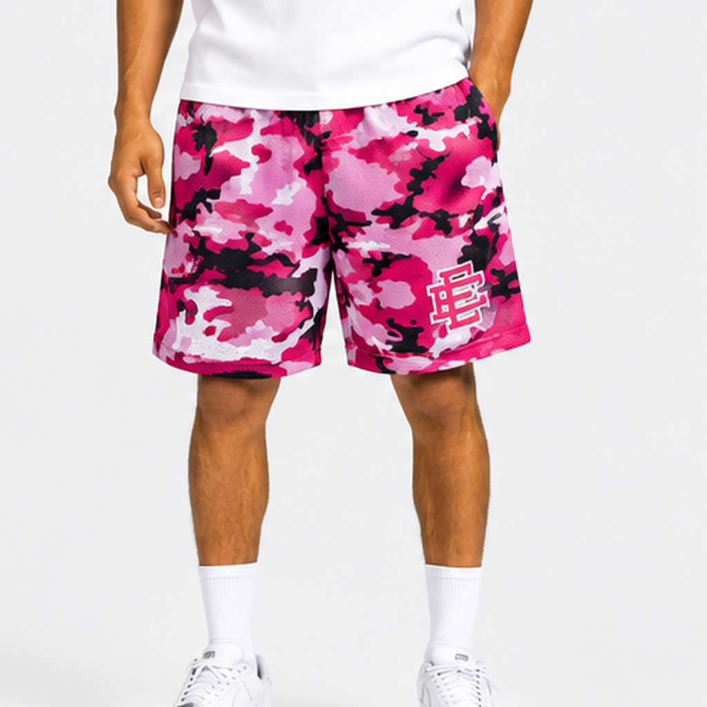 Pink Camo mesh shorts - front angle view