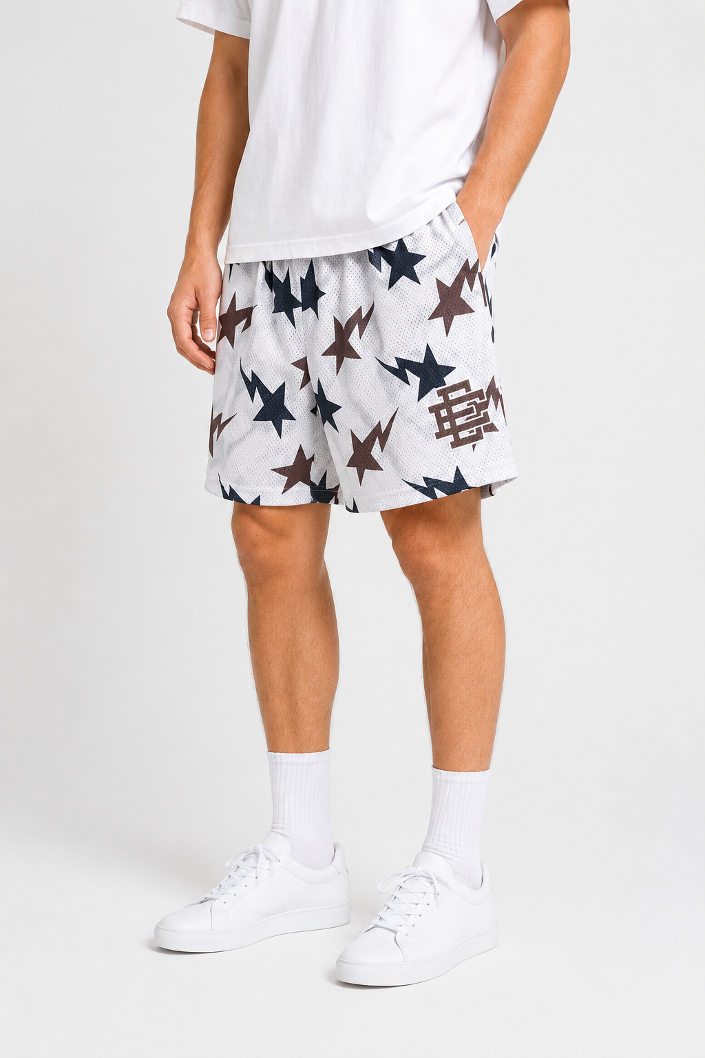 White Starfield mesh shorts - lifestyle view