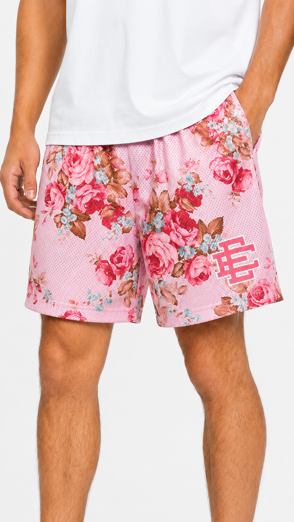 Pink Rose Garden mesh shorts - back angle view