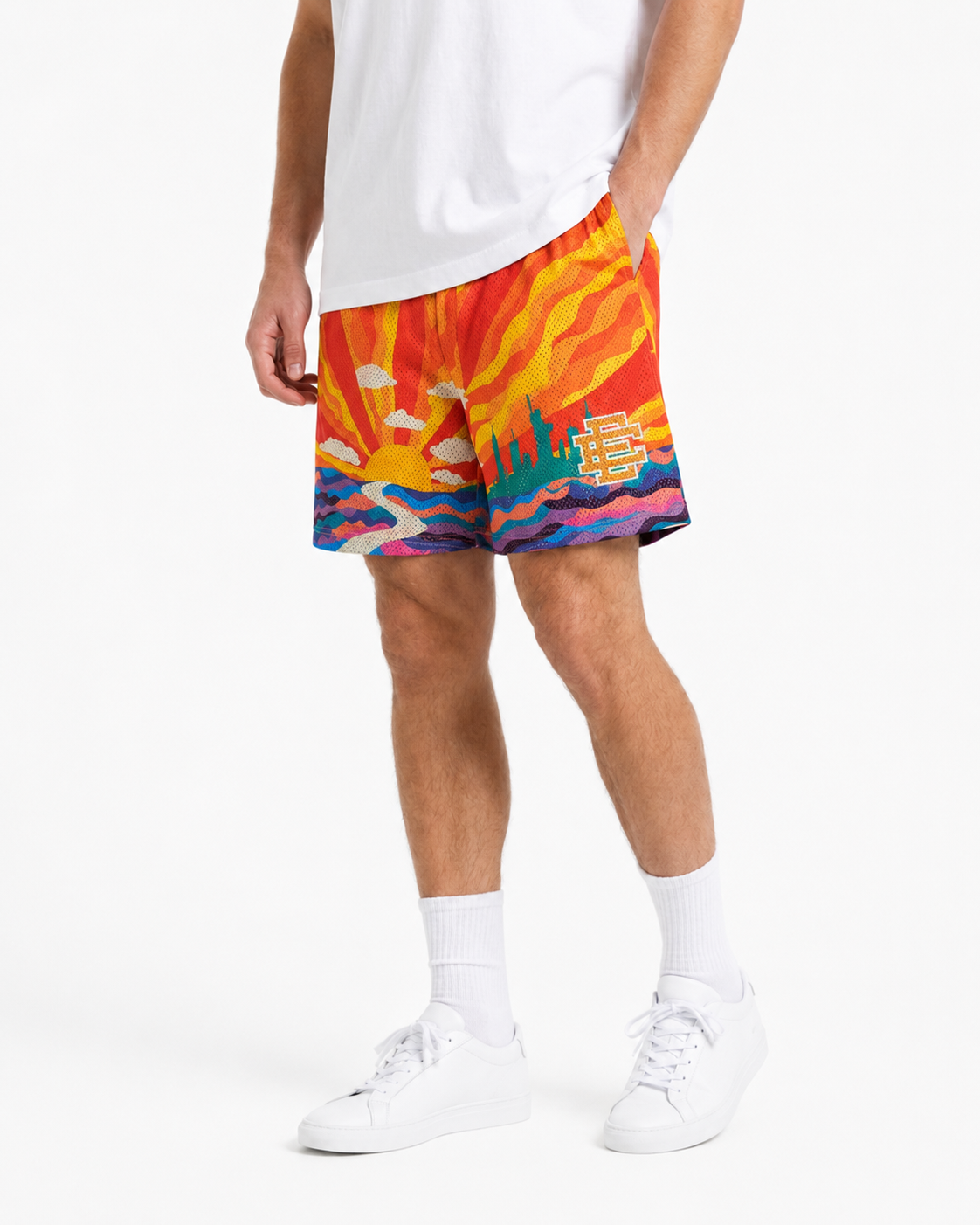 Sunset Flame mesh shorts - front angle view