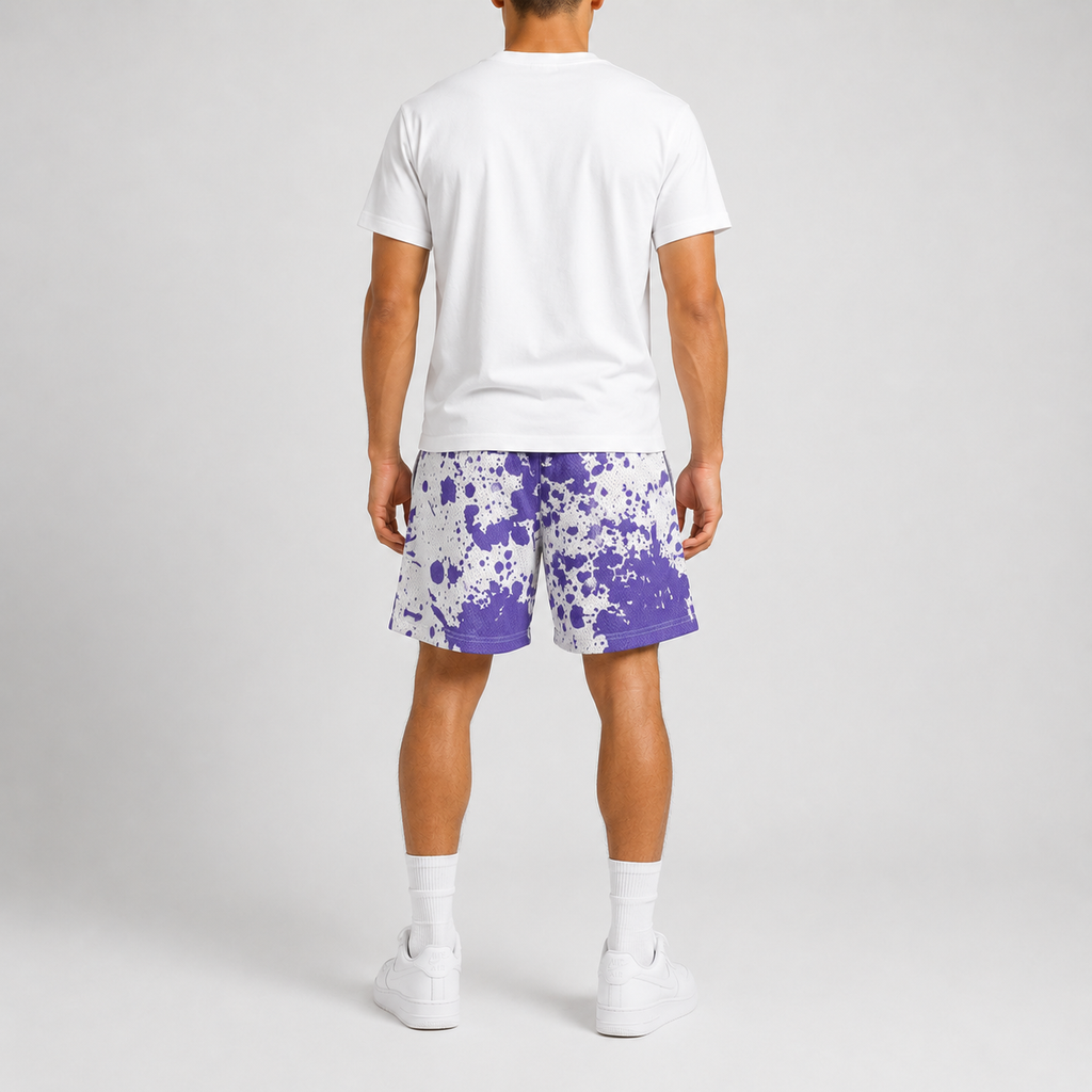 Purple Splash mesh shorts - lifestyle view