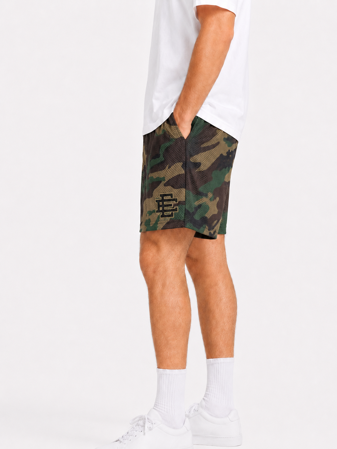 Woodland Camo mesh shorts - front angle view