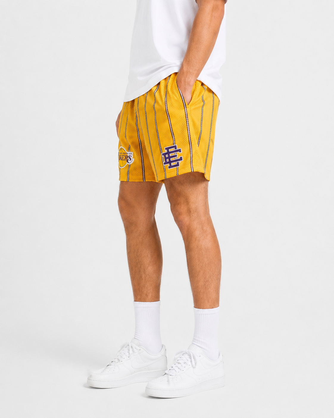 Gold Lakers Stripe mesh shorts - side view