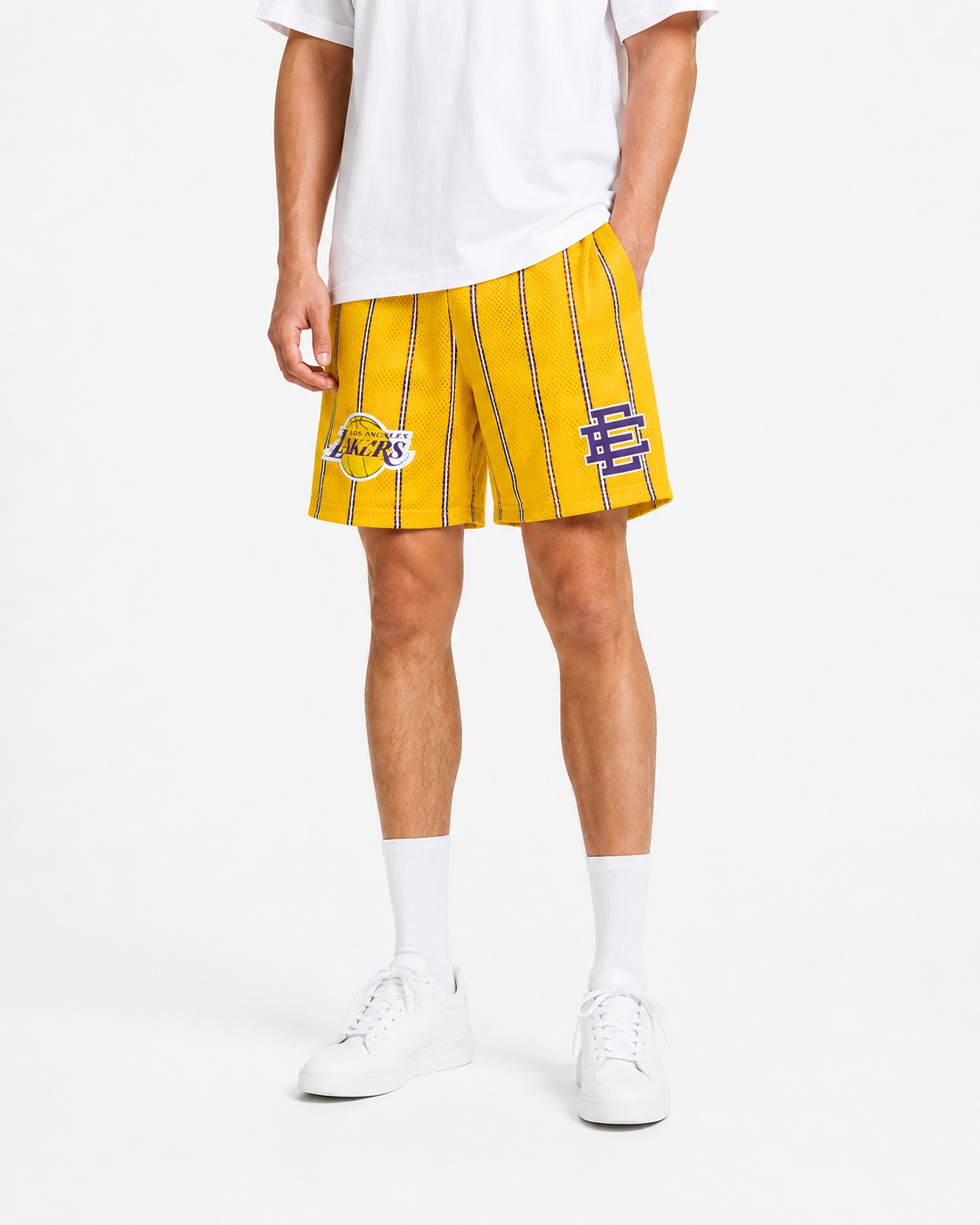 Gold Lakers Stripe mesh shorts - front angle view