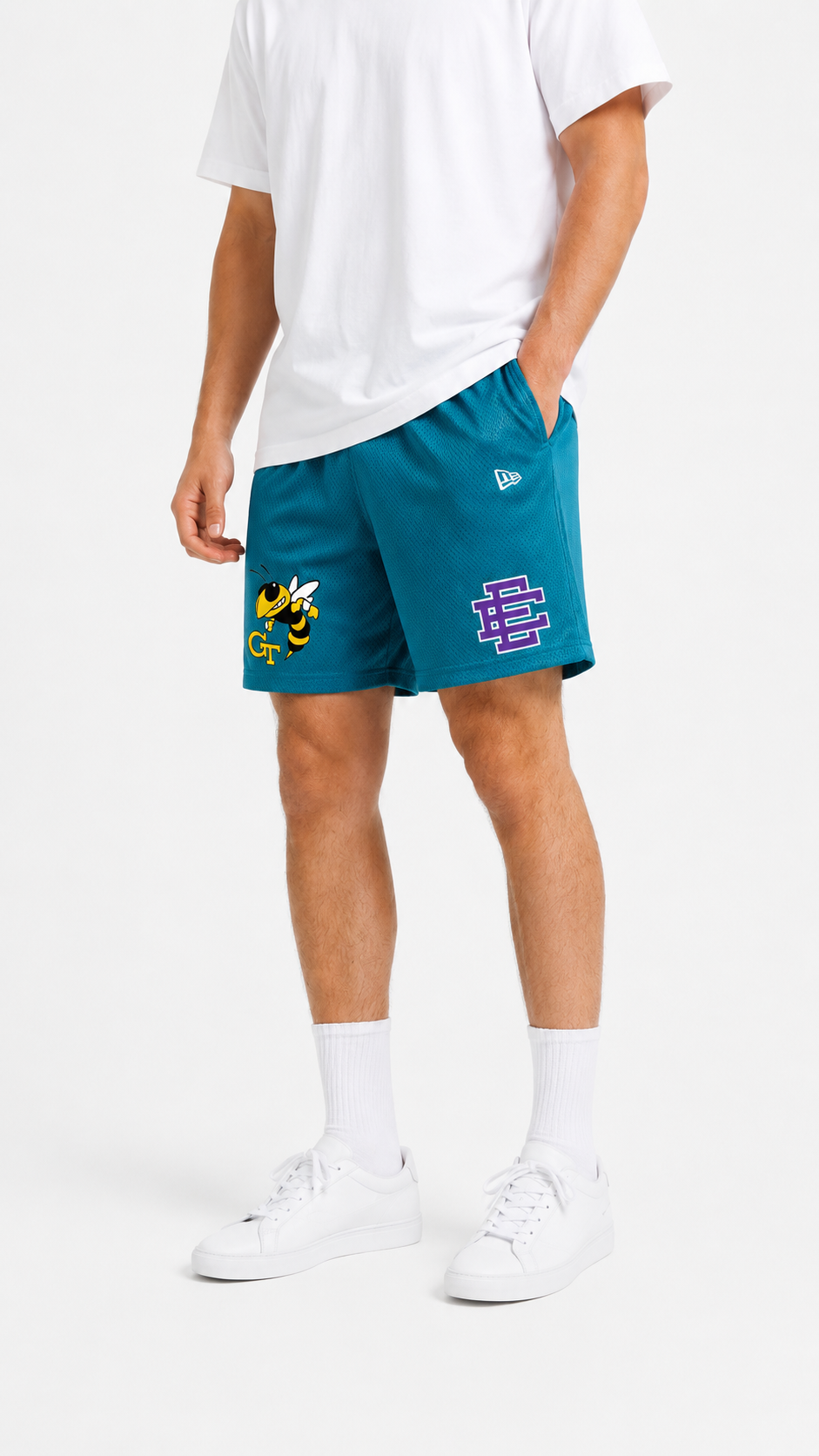 Teal Yellow Jacket mesh shorts - side view