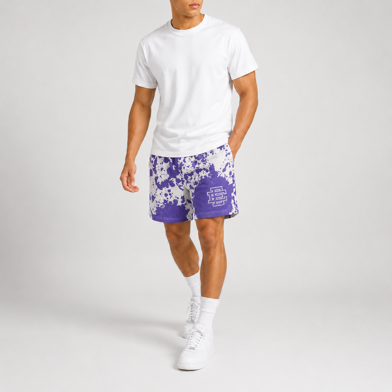 Purple Splash mesh shorts - side view