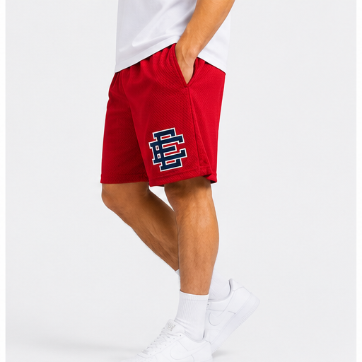 Varsity Red mesh shorts - back angle view