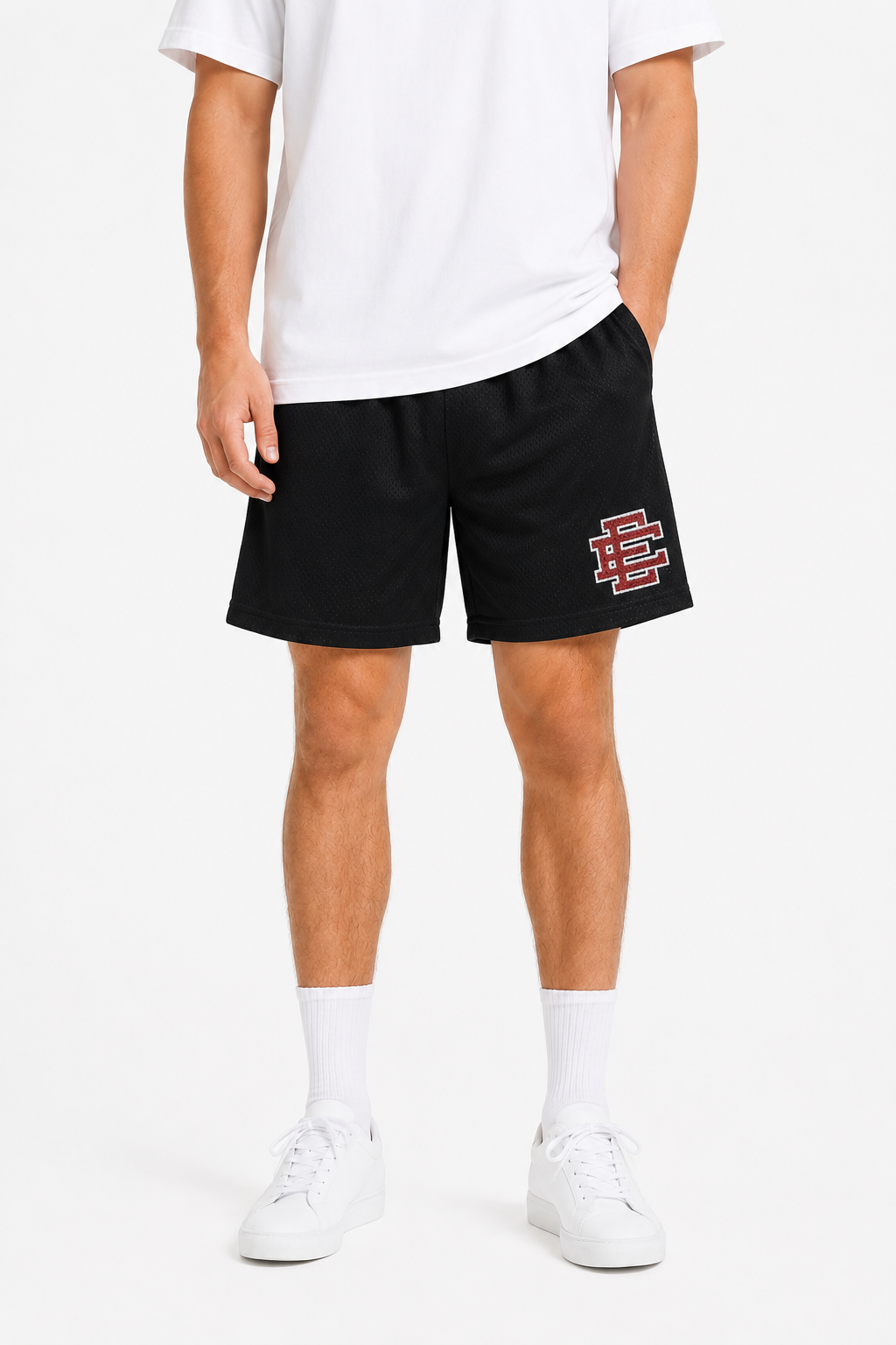 Black Red mesh shorts - front angle view