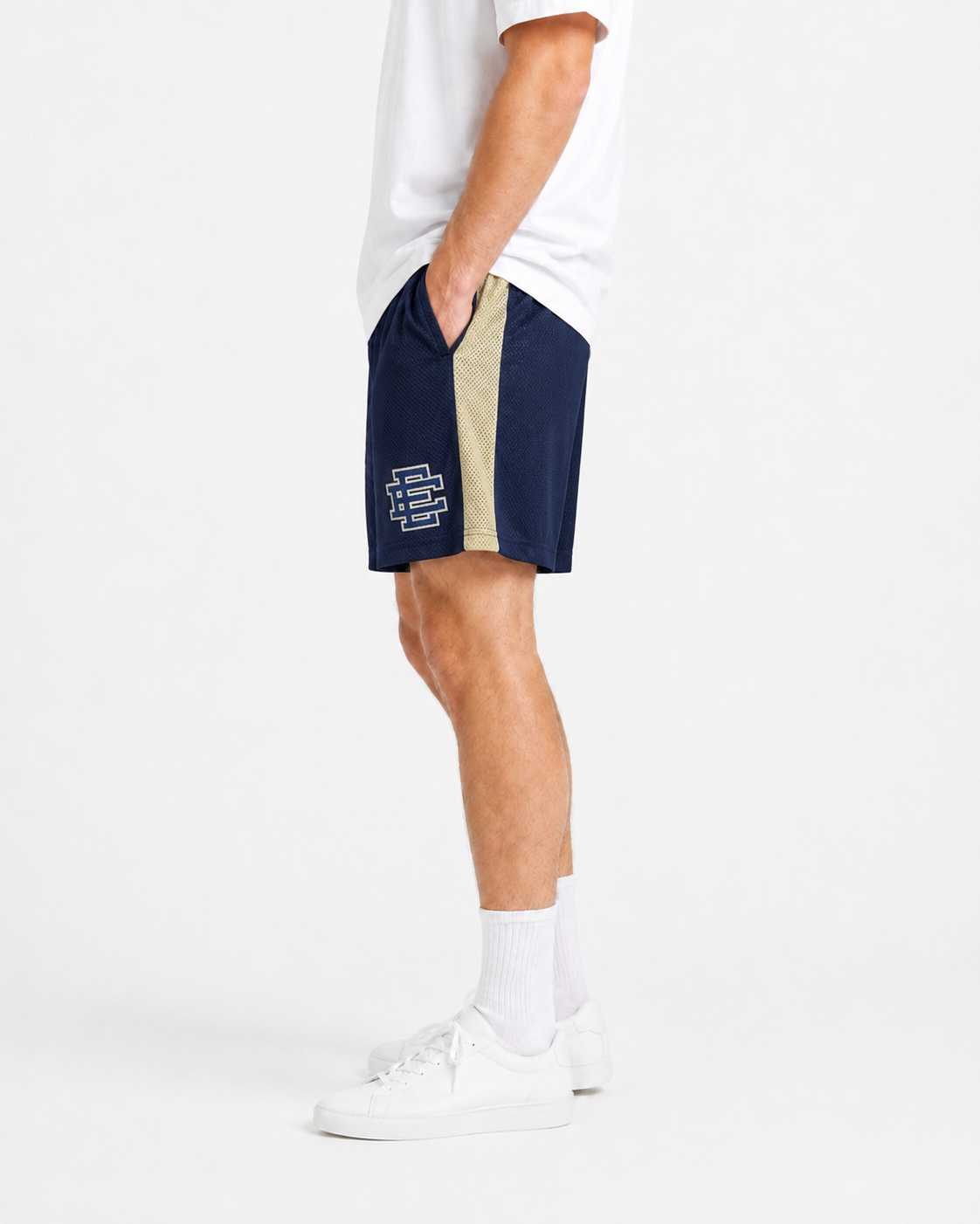 Navy Gold Side Stripe mesh shorts - back angle view