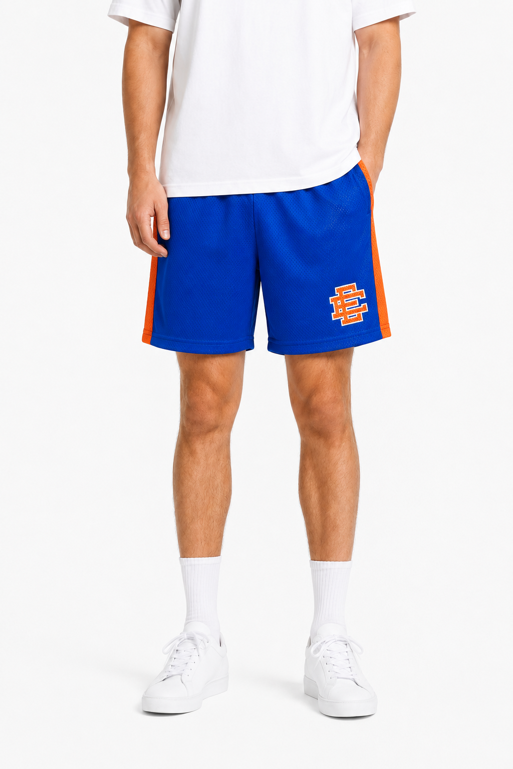 Royal Orange Side Stripe mesh shorts - front angle view