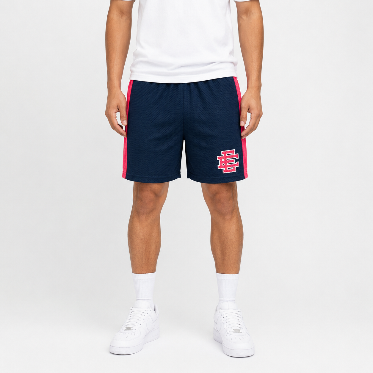 Navy Pink Side Stripe mesh shorts - front angle view