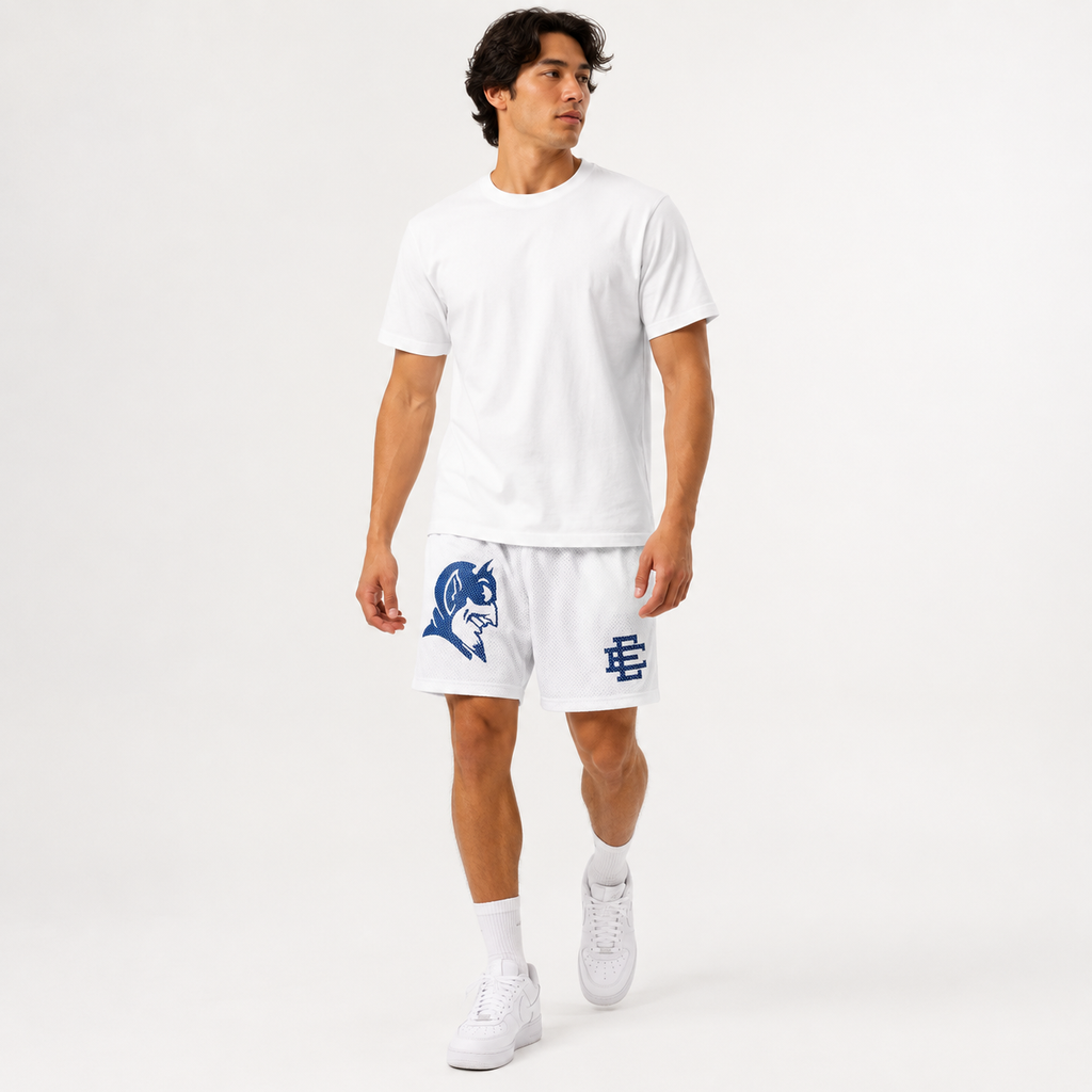 White Blue Devil mesh shorts - side view