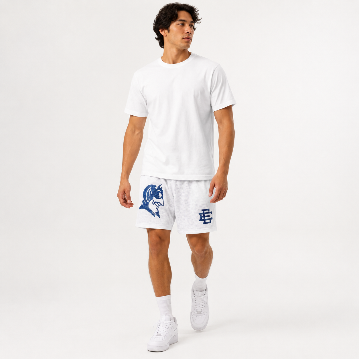 White Blue Devil mesh shorts - side view