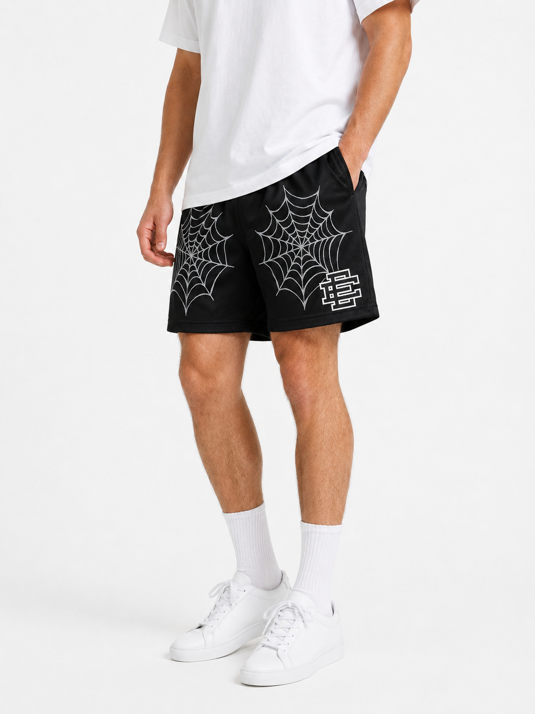 Spider Web Black mesh shorts - front angle view