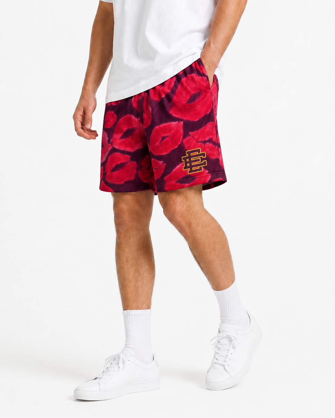 Crimson Poppy mesh shorts - front angle view