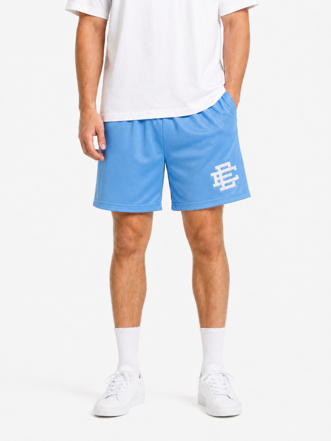 Powder Blue mesh shorts - front angle view