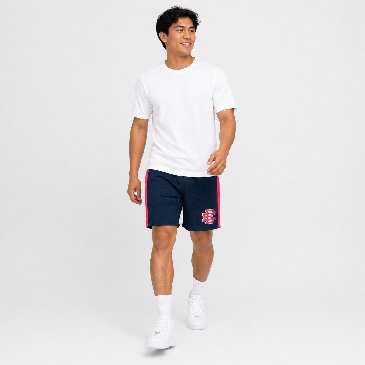 Navy Pink Side Stripe mesh shorts - detail view
