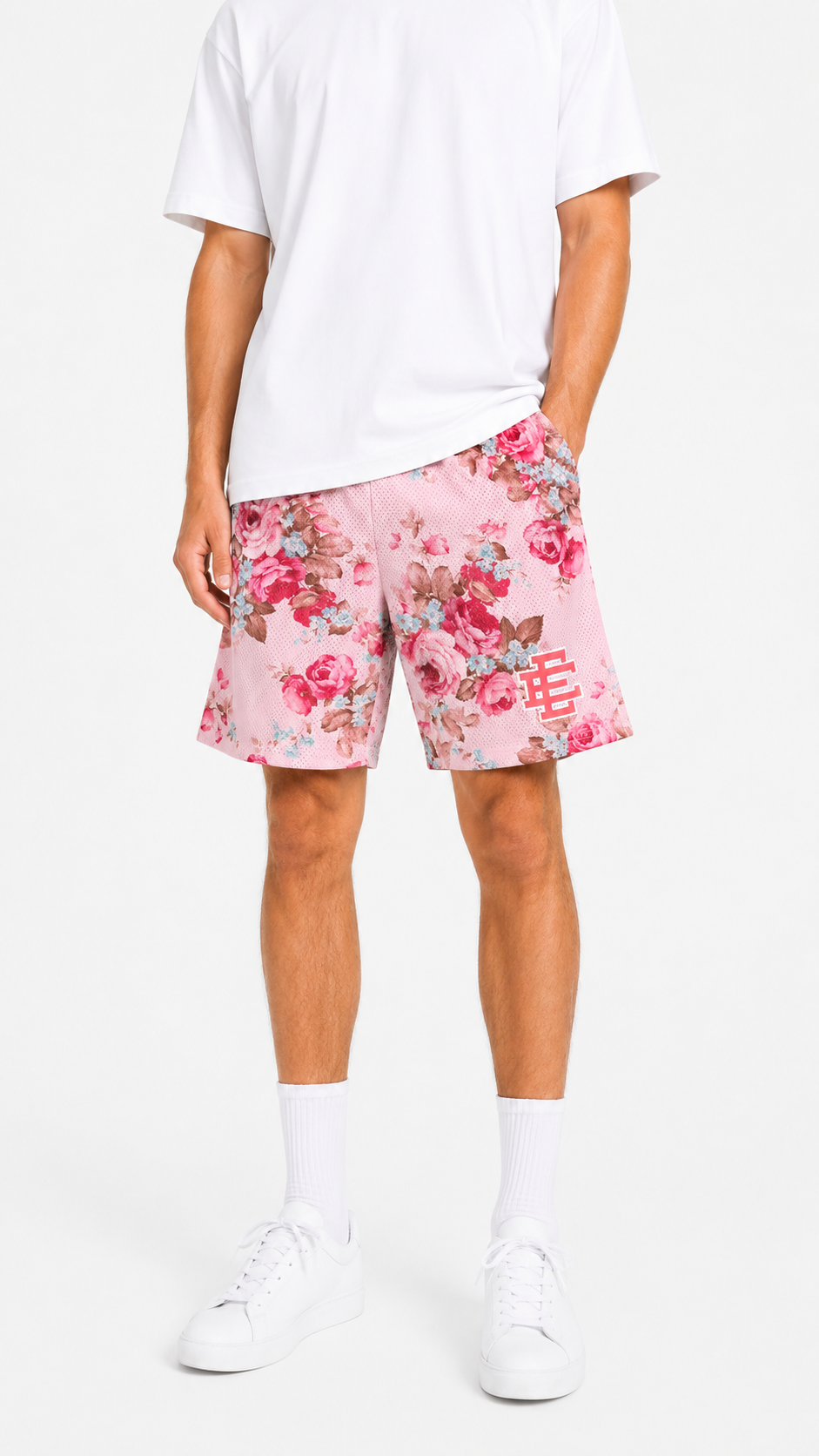 Pink Rose Garden mesh shorts - front angle view