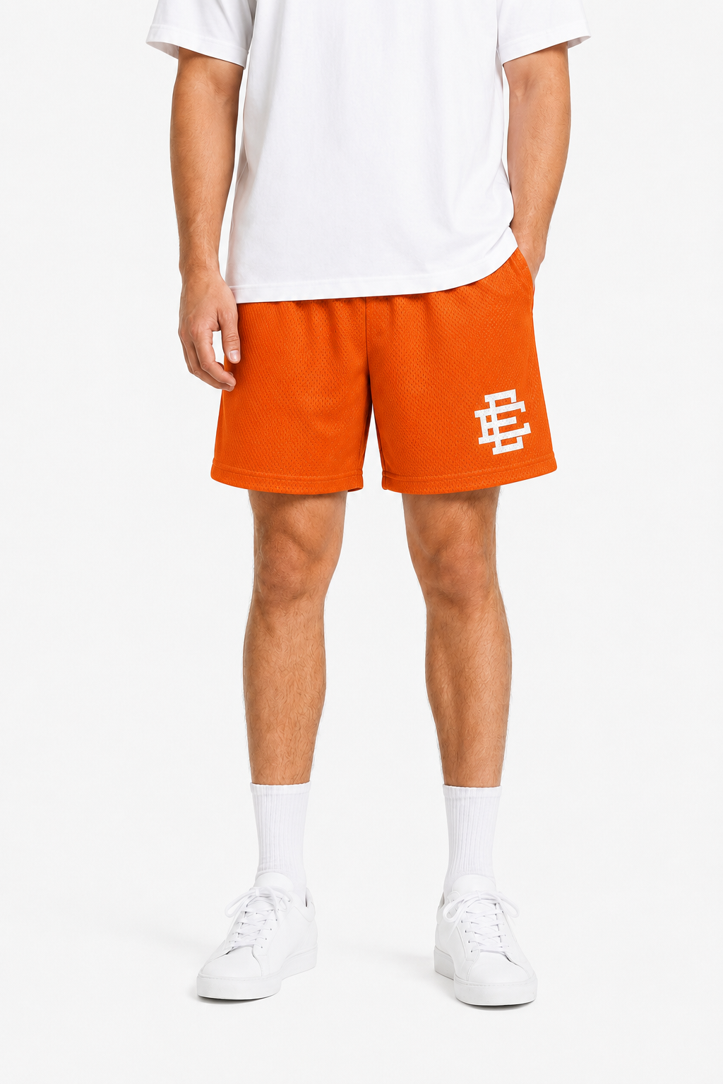 Tangerine Orange mesh shorts - front angle view