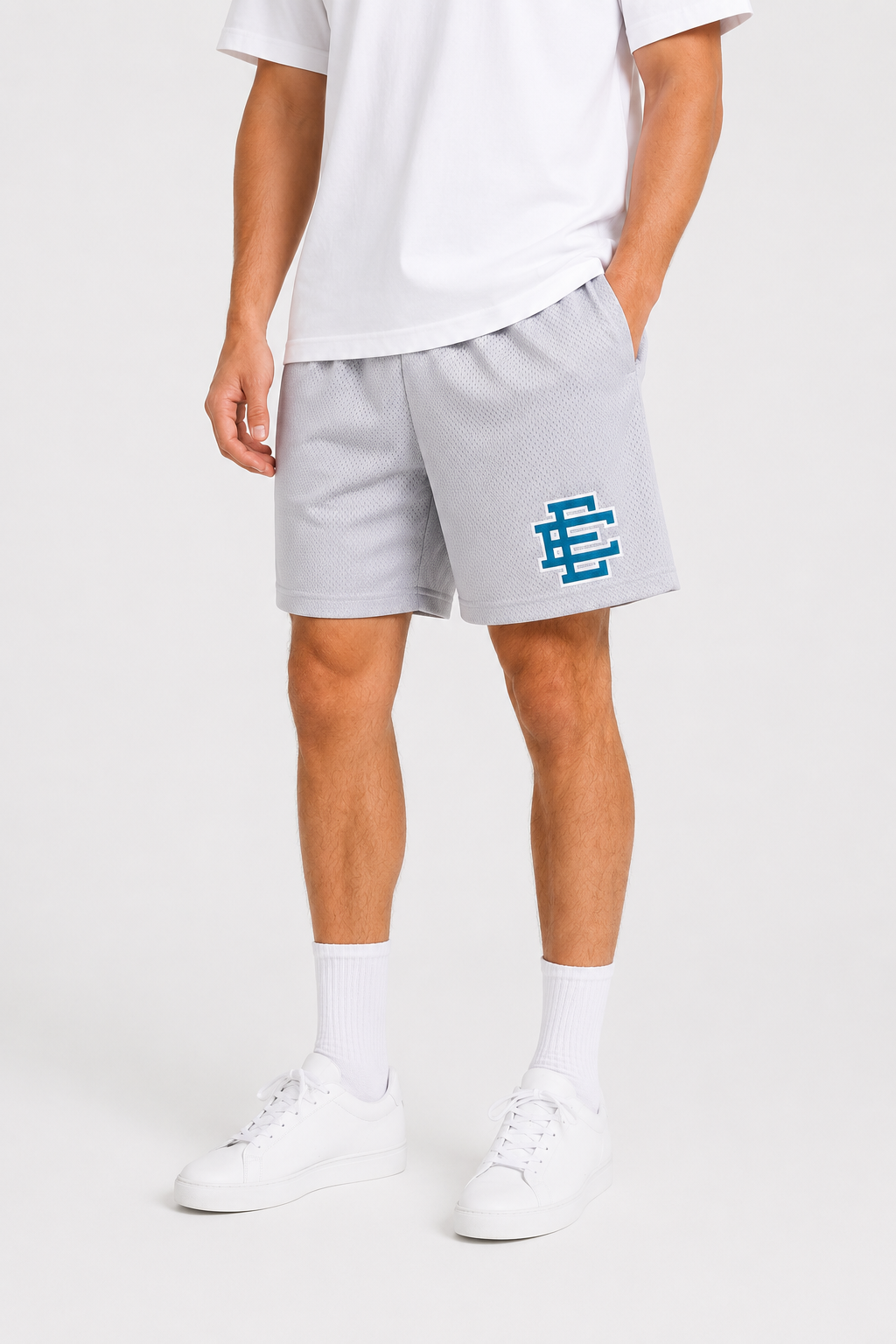Silver Lilac mesh shorts - front angle view