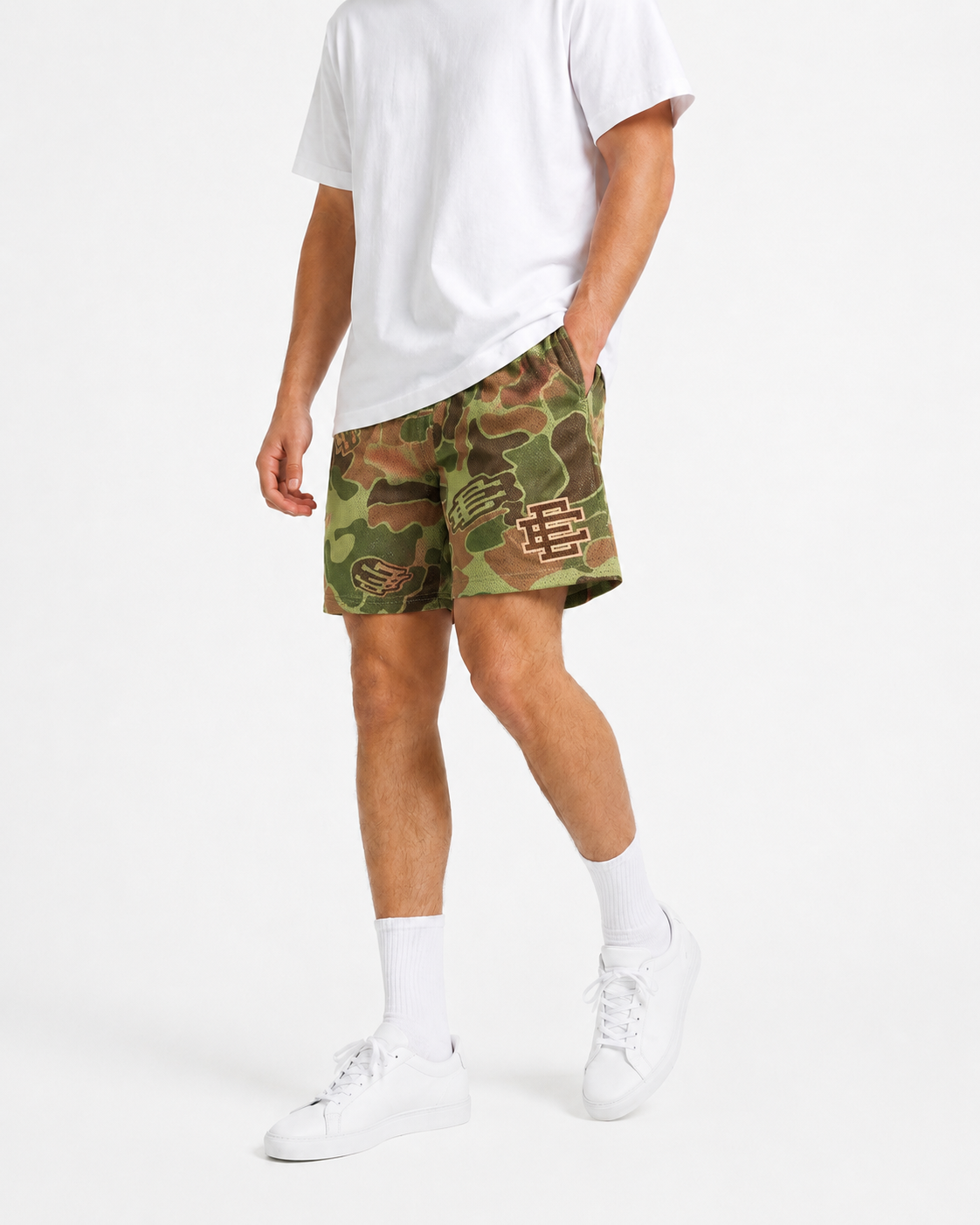 Olive Camo mesh shorts - side view