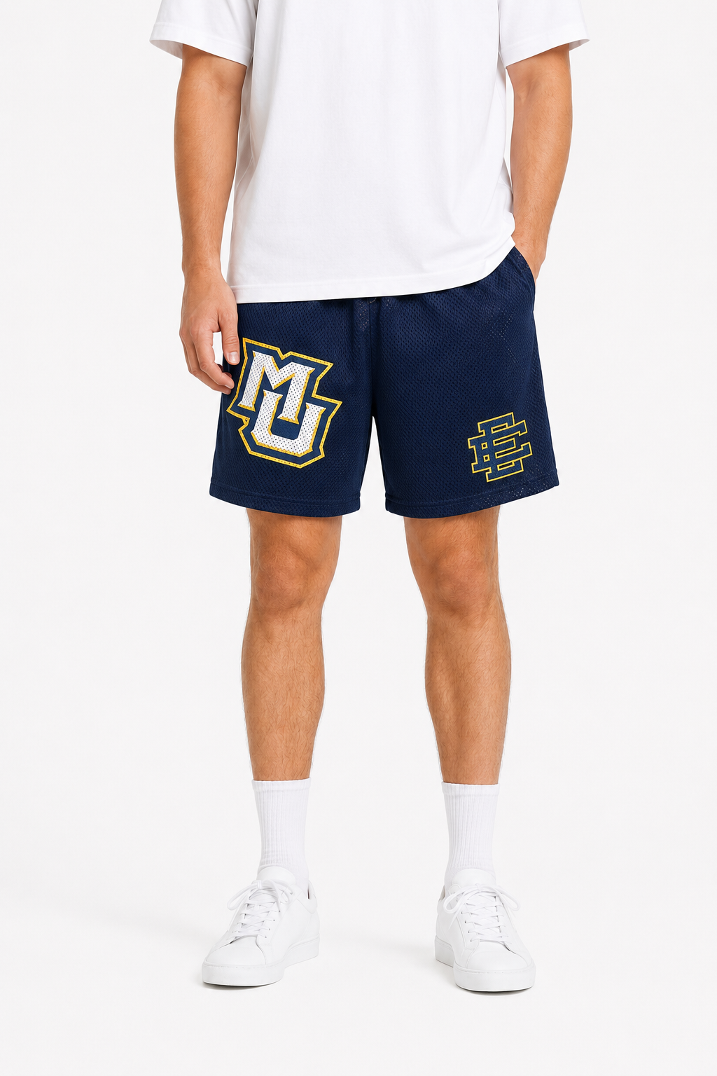 Marquette Navy mesh shorts - front angle view