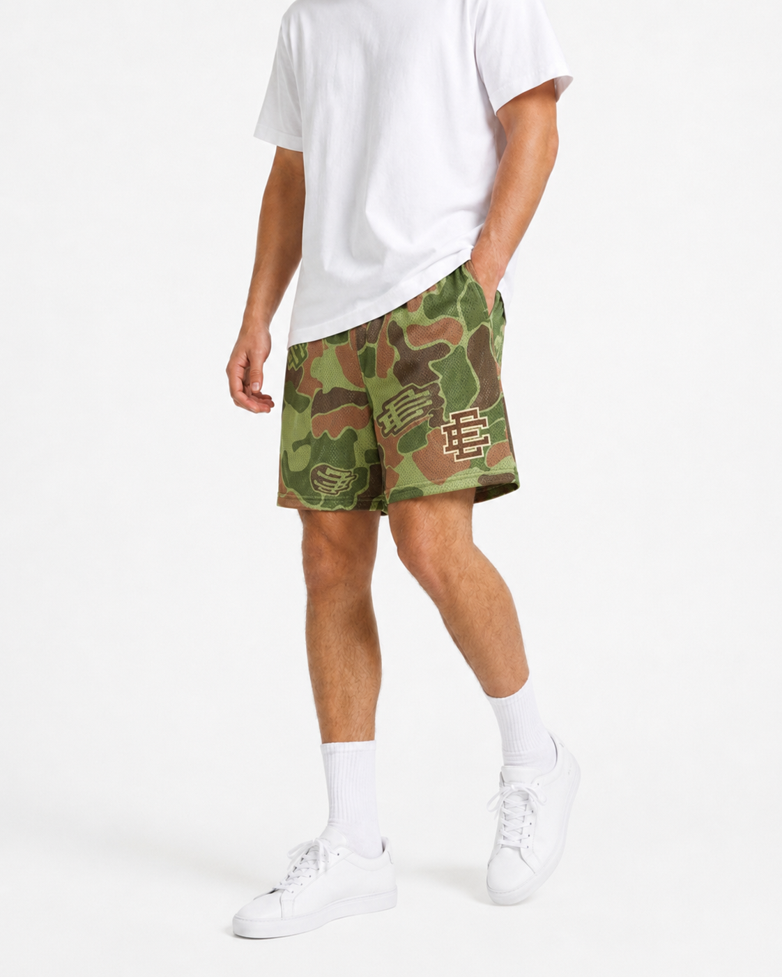 Olive Camo mesh shorts - front angle view