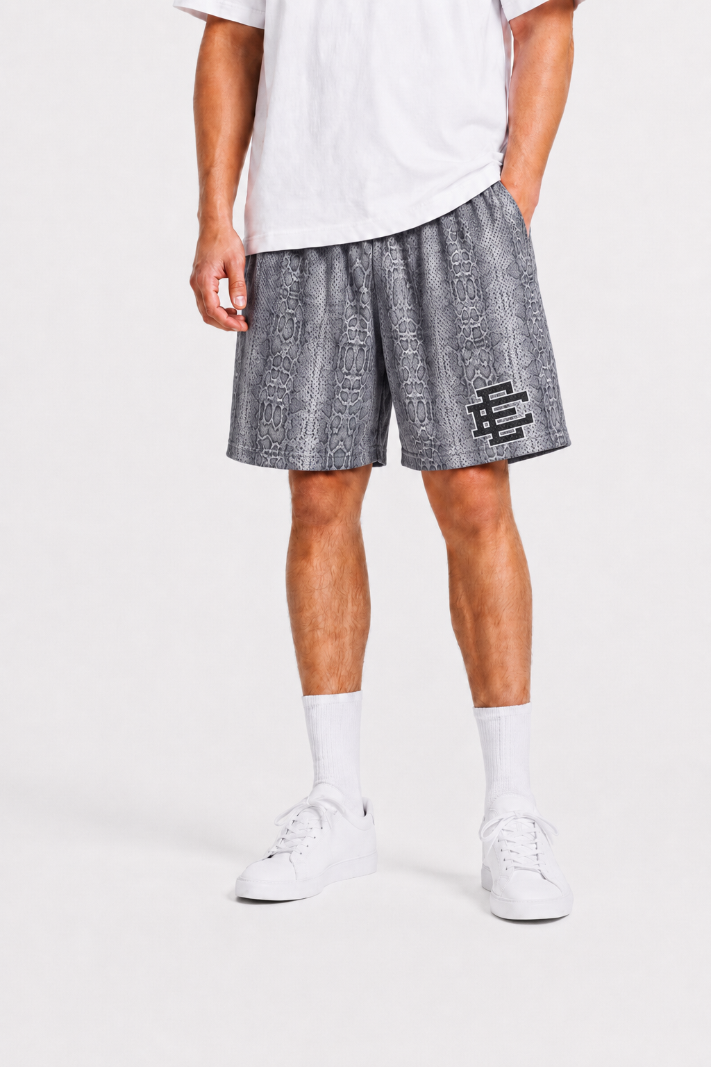 Silver Snakeskin mesh shorts - back angle view