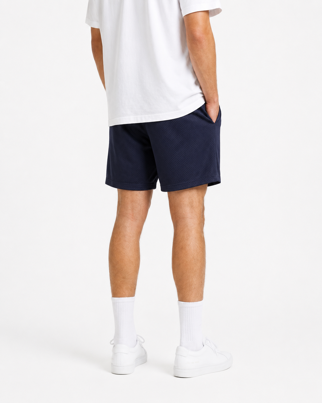 Navy Patchwork mesh shorts - side view