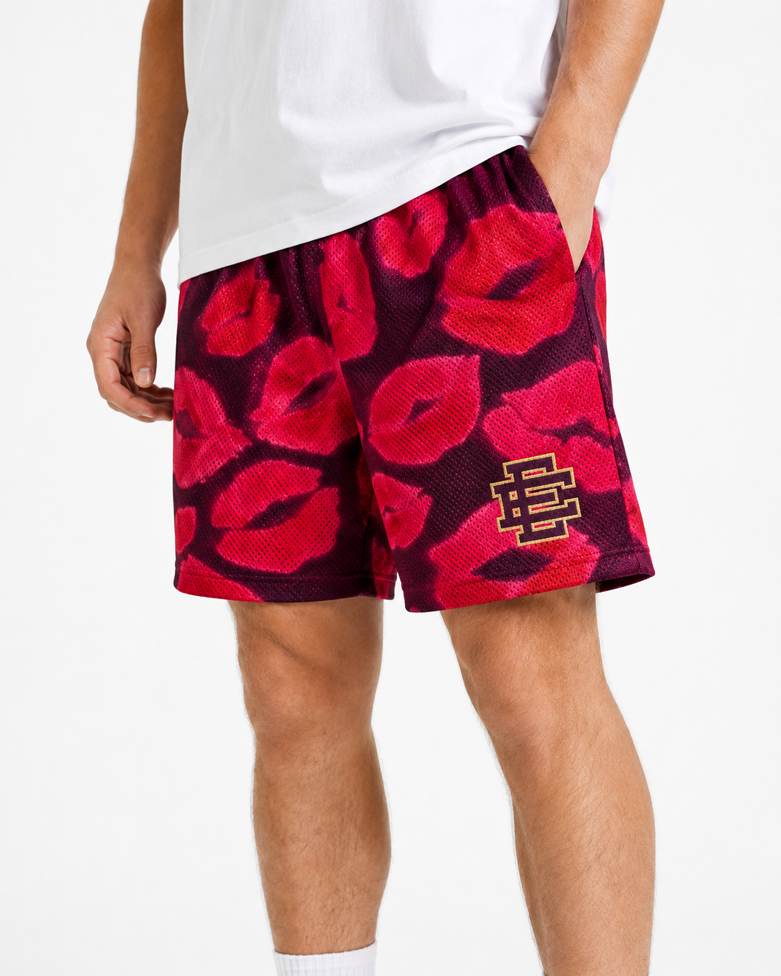 Crimson Poppy mesh shorts - side view
