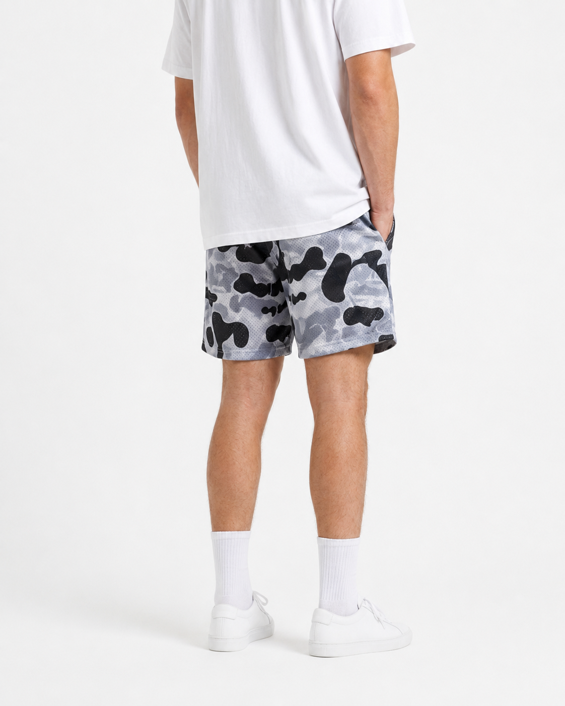 Grey Camo mesh shorts - front angle view