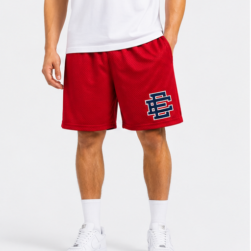 Varsity Red mesh shorts - front angle view