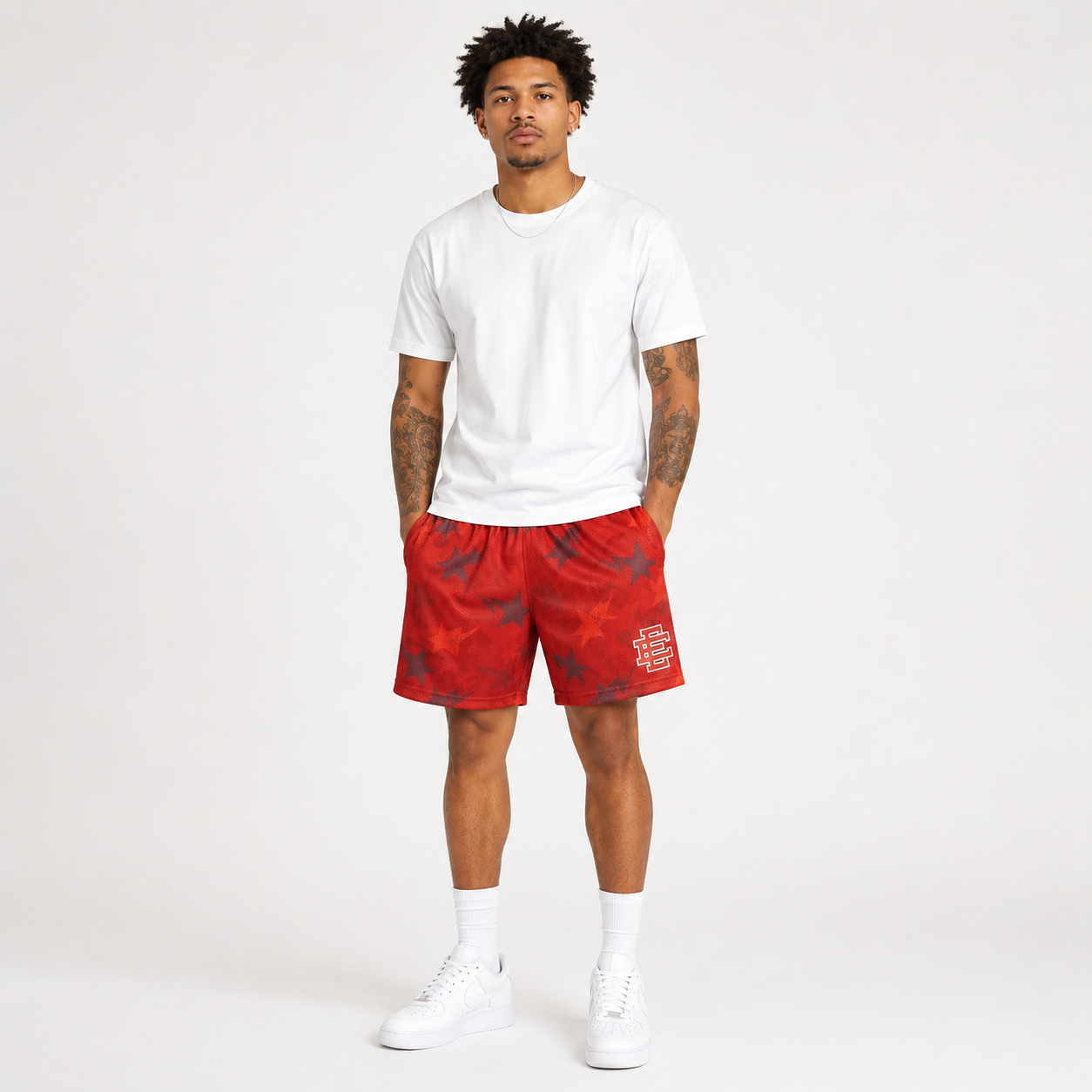Crimson Starfall mesh shorts - front angle view