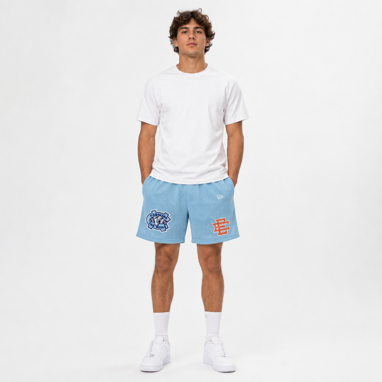 Tar Heel Blue mesh shorts - front angle view