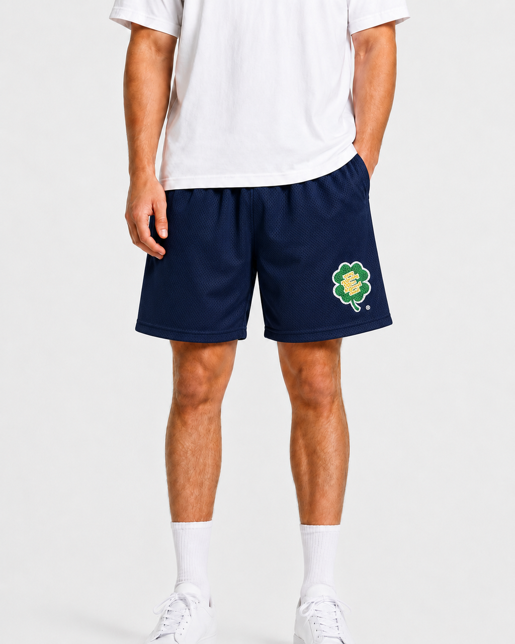 Navy Shamrock mesh shorts - back angle view