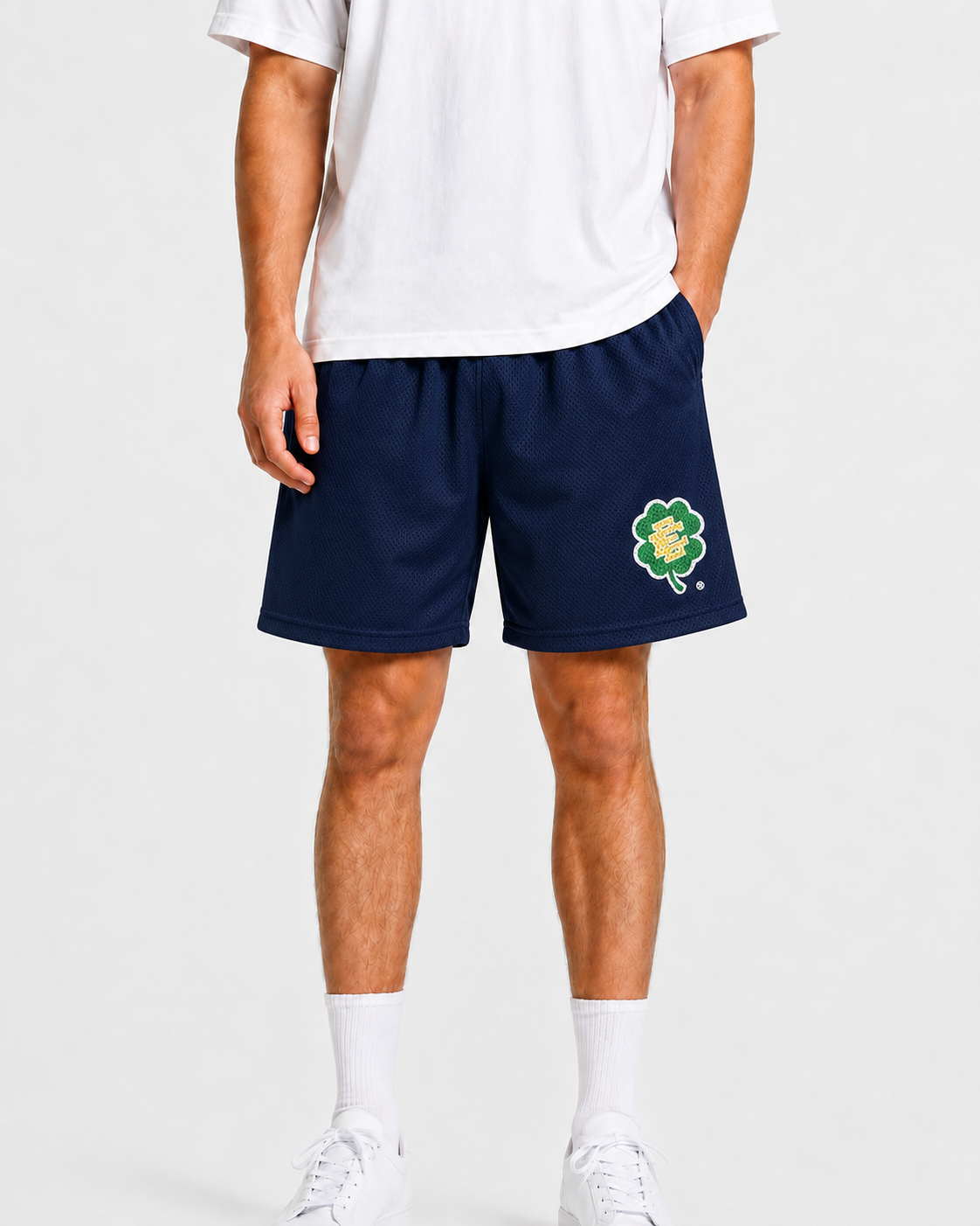 Navy Shamrock mesh shorts - back angle view
