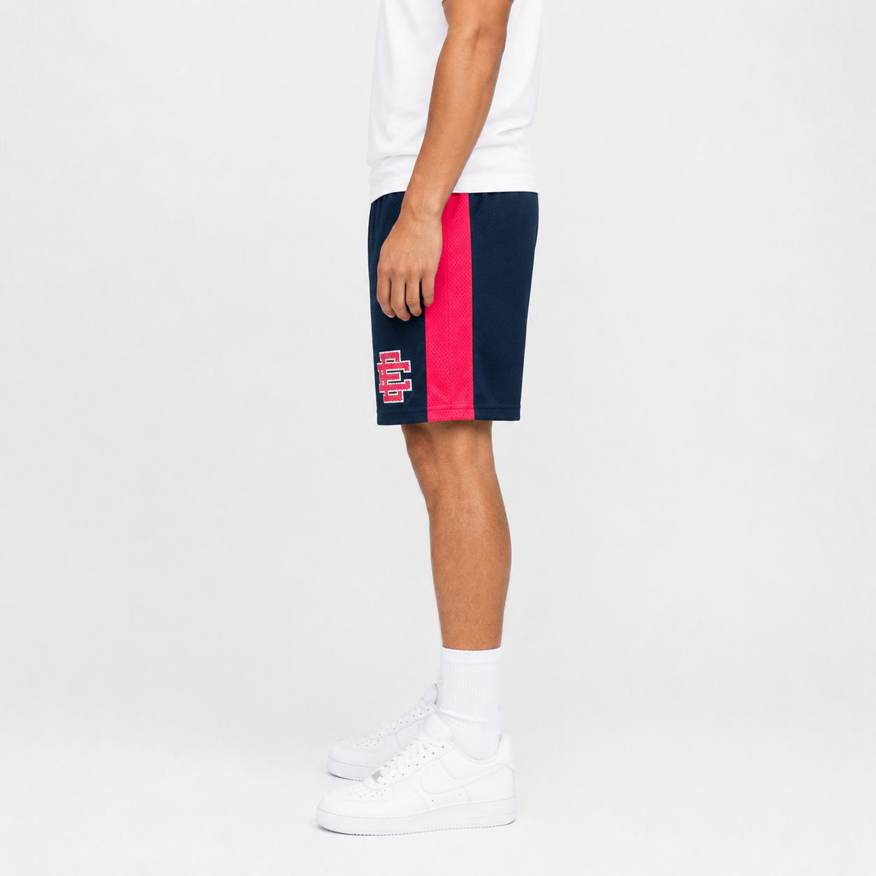 Navy Pink Side Stripe mesh shorts - back angle view