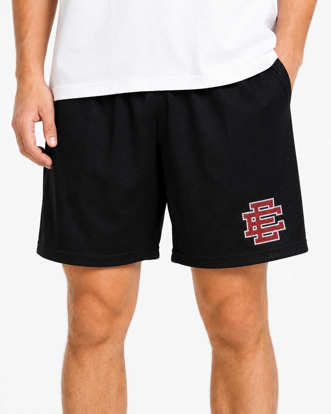 Black Red mesh shorts - back angle view