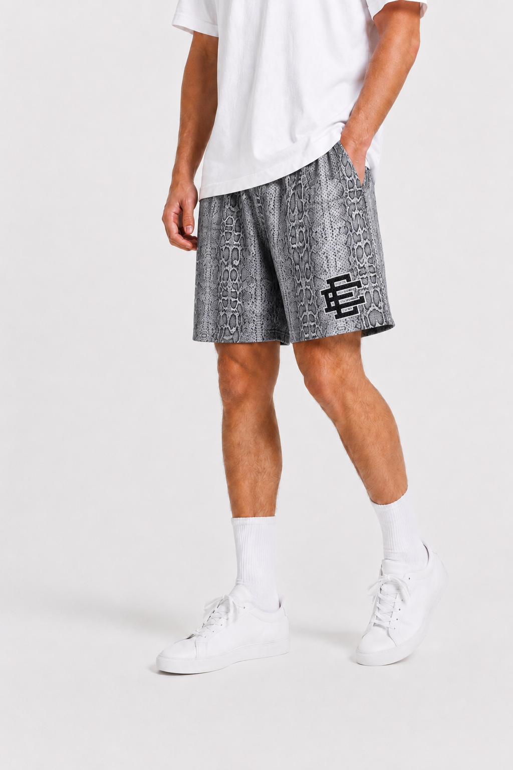 Silver Snakeskin mesh shorts - side view