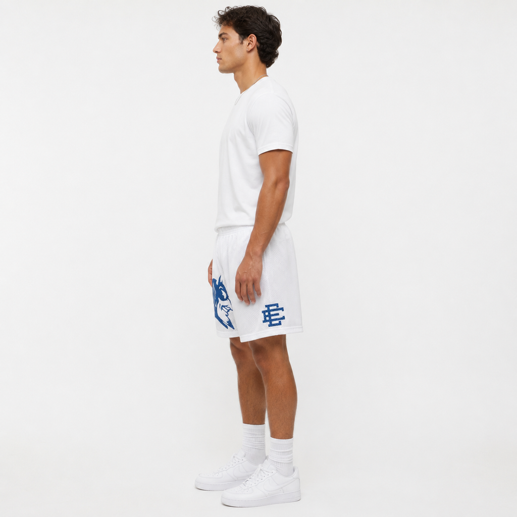 White Blue Devil mesh shorts - detail view
