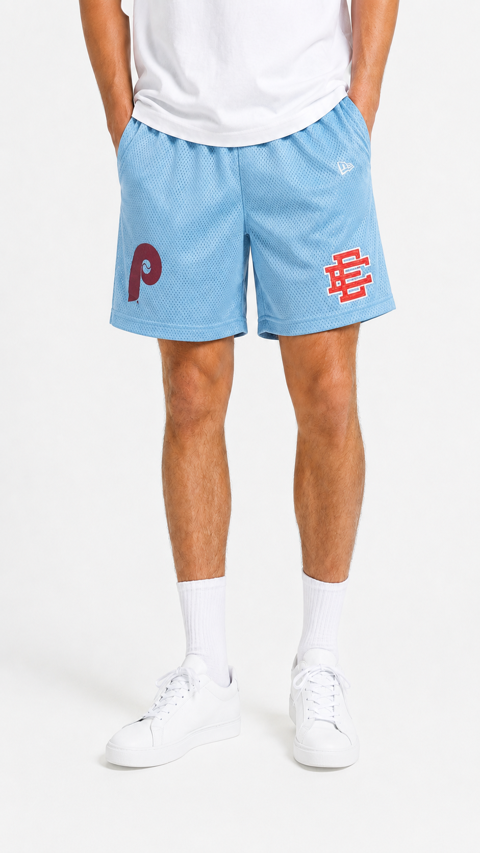 Powder Blue Phillies mesh shorts - side view